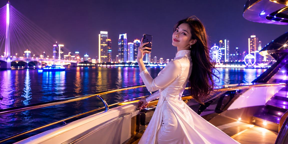 Người phụ nữ mặc áo dài tại Đà Nẵng sử dụng điện thoại để truy cập ứng dụng casino di động xskontum